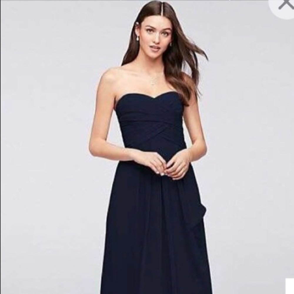 David’s Bridal Crinkle Chiffon Dress with Cascade Skirt, Color Marine, Size 18